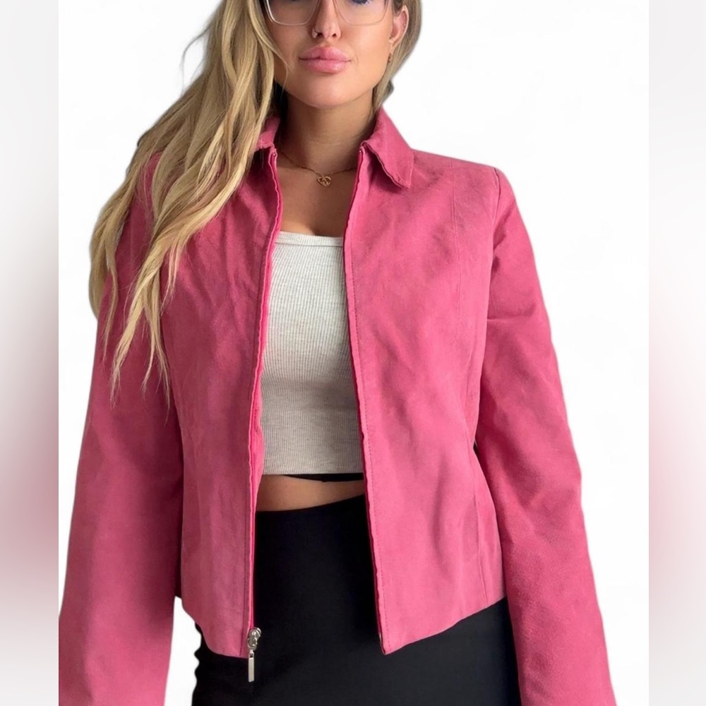Vintage Genuine Suede Pink Jacket – Cropped Zip Up – Y2K / Feminine / Coquette